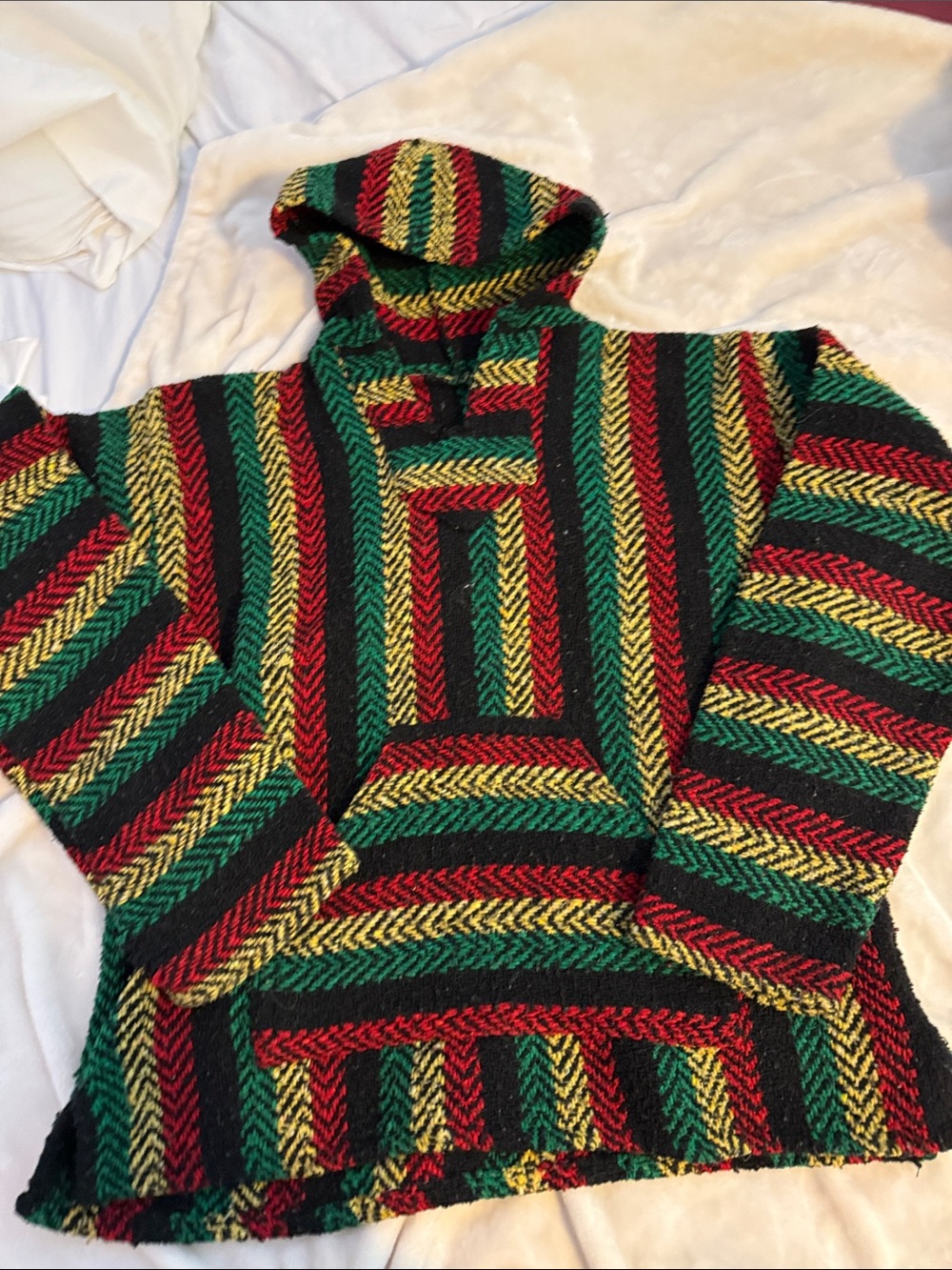 Men’s Striped Hooded Baja Sweater in Red, Green & Yellow